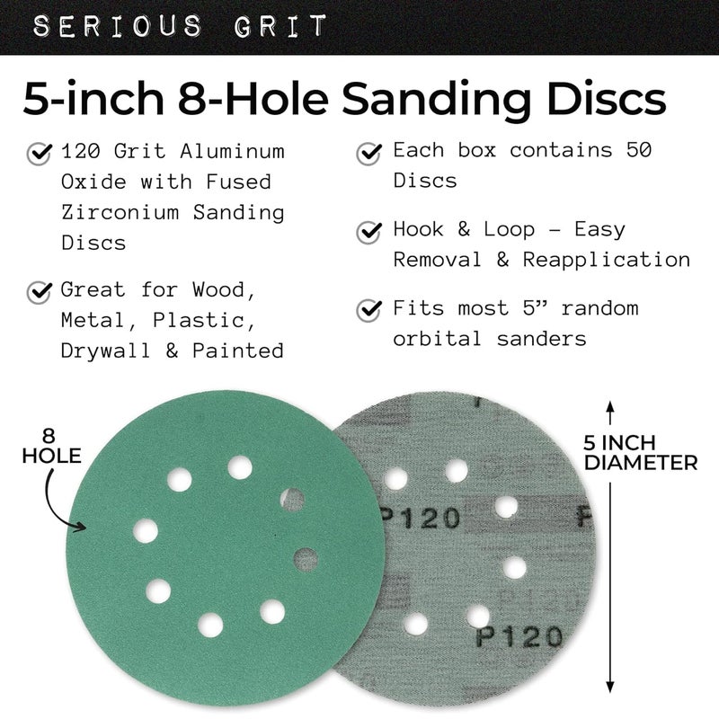 Serious Grit Sanding Discs 5 Inch 8 Hole 150 Grit - Heavy-Duty Hook & Loop Wet Dry Film Sandpaper Discs - Very Fine Sand Paper for Random Orbital Sanders - Wood, Automotive, Metal, etc - 50 Pack Box - Image 2